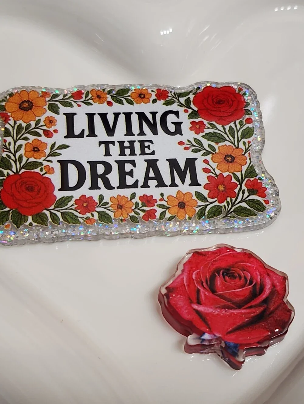 Living the Dream Flatback Focal Bead Roses Flats Beads Beaded Pen Badge Magnet